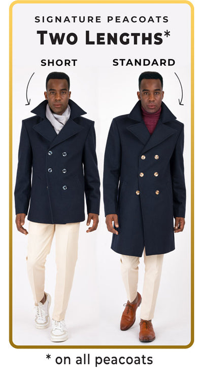 two navy peacoats of different lengths. all peacoats available as short or standard length.