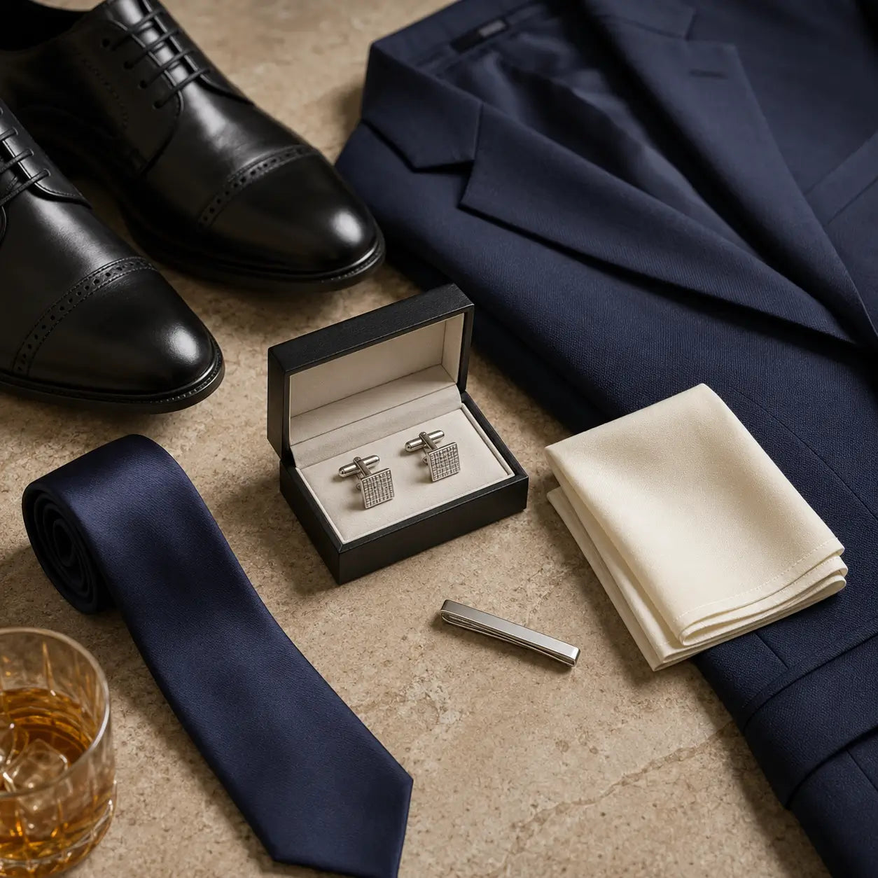A styled men's formal accessories set arranged on a stone surface, including a navy suit jacket, black dress shoes, navy tie, cream pocket square, silver tie clip, and a small black box with silver cufflinks658