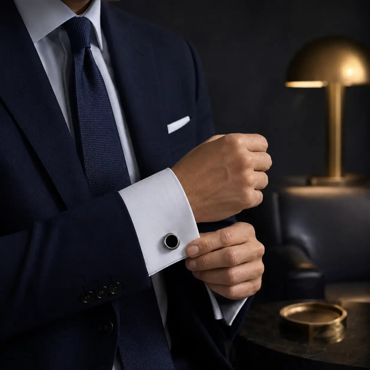 A close-up of a man in a navy blue suit and tie adjusting his white dress shirt cuff, which features a round black cufflink152