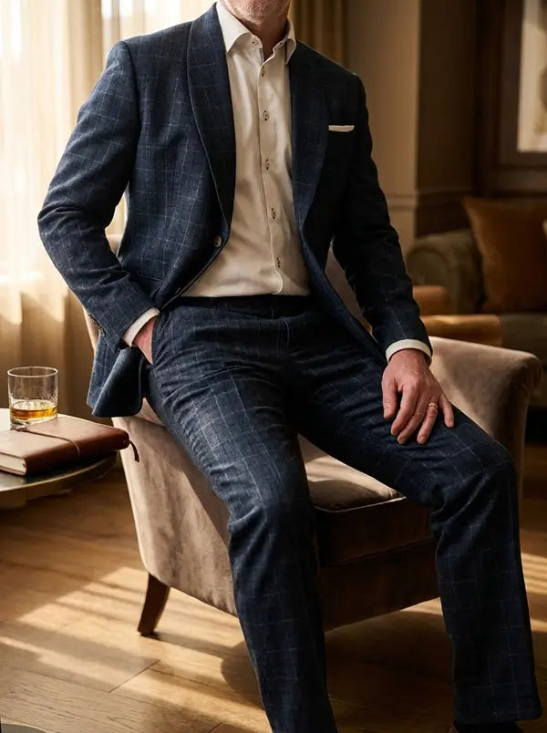 A man wearing a dark navy blue plaid suit with a cream dress shirt, seated in a warm, sunlit living room on a beige armchair.