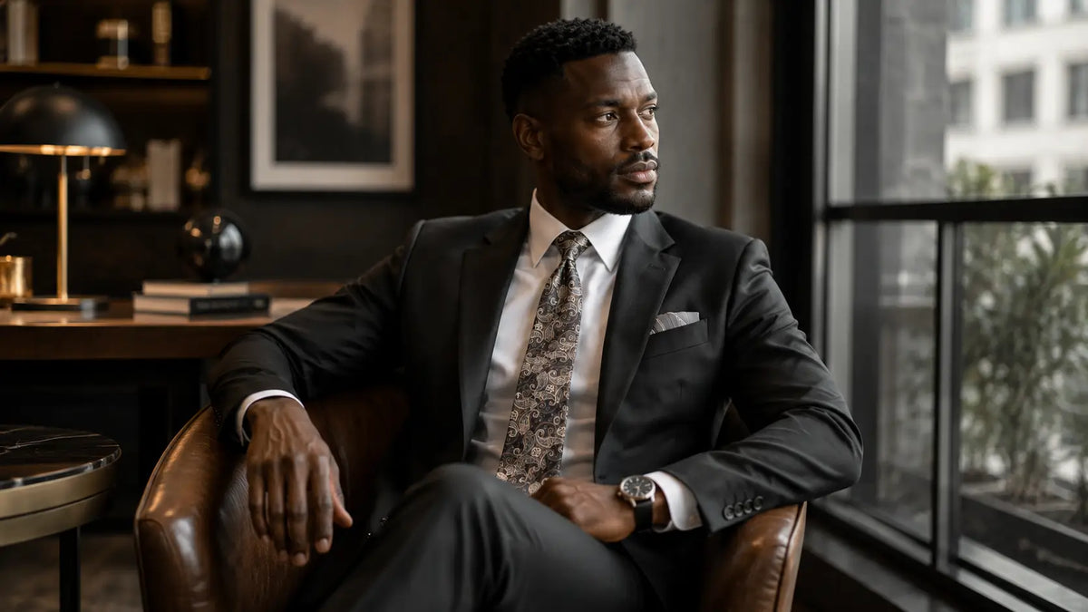 A man in a dark green suit, white dress shirt, and patterned tie sits in a brown leather armchair in a modern office setting.