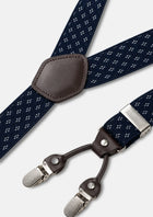 Navy Diamond Suspenders - diamond pattern, slider and clip detail50
