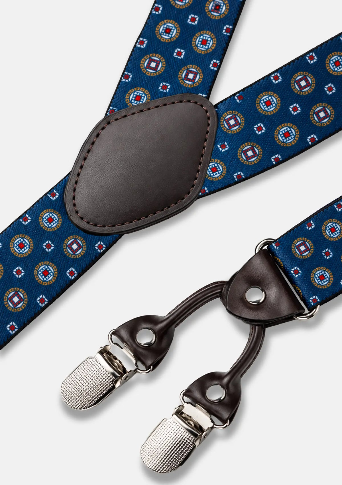 Blue Medallion Suspenders - medallion pattern, slider and clip detail768
