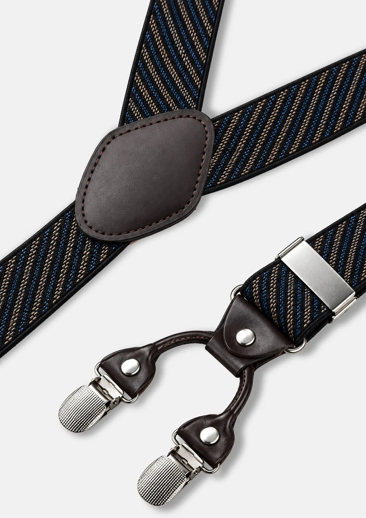 Blue & Tan Striped Suspenders - striped pattern, slider and clip detail624