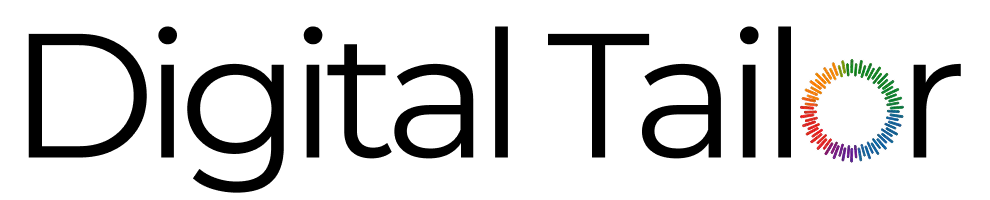 Digital Tailor logo with black text and colorful tail-like design