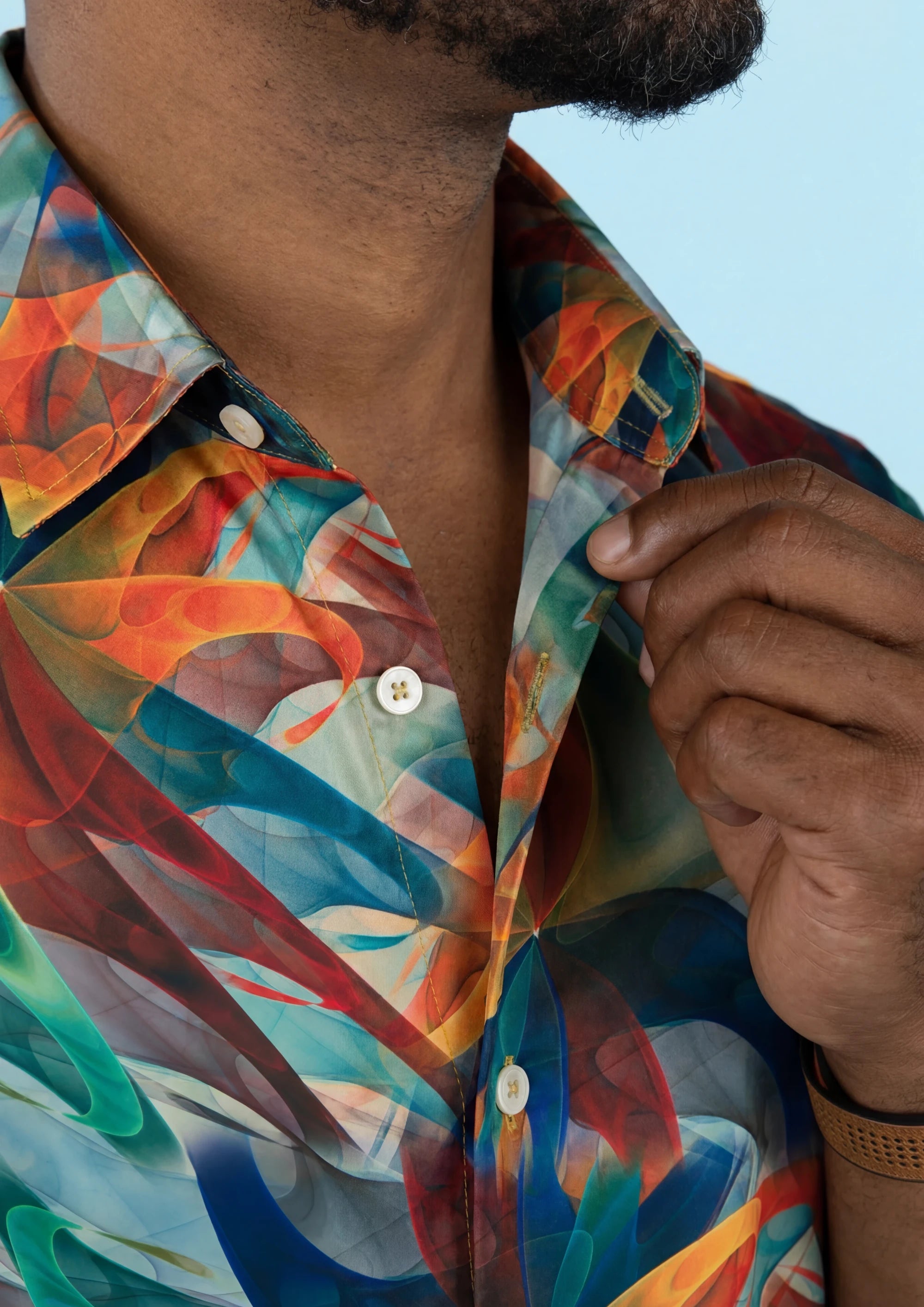 Ocean Swirl Silk Shirt - collar and fabric detail854