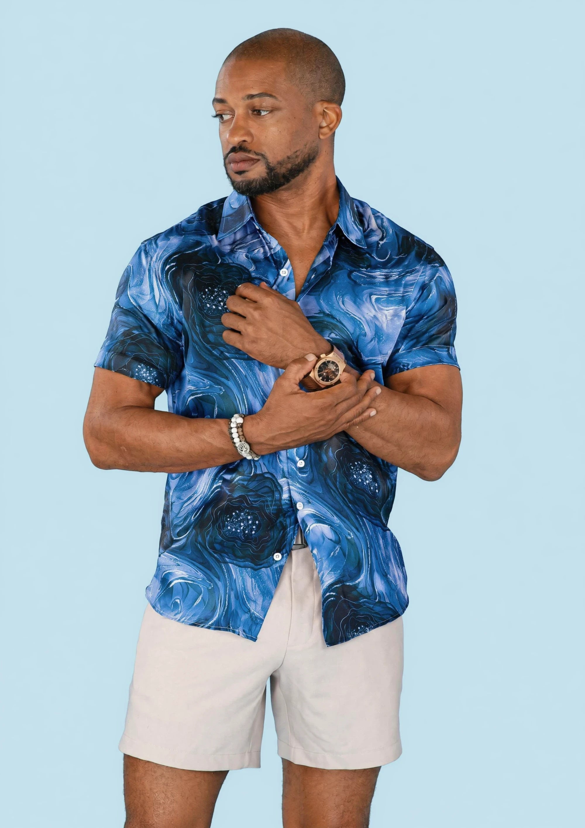 Indigo Marble Silk Shirt - front view246