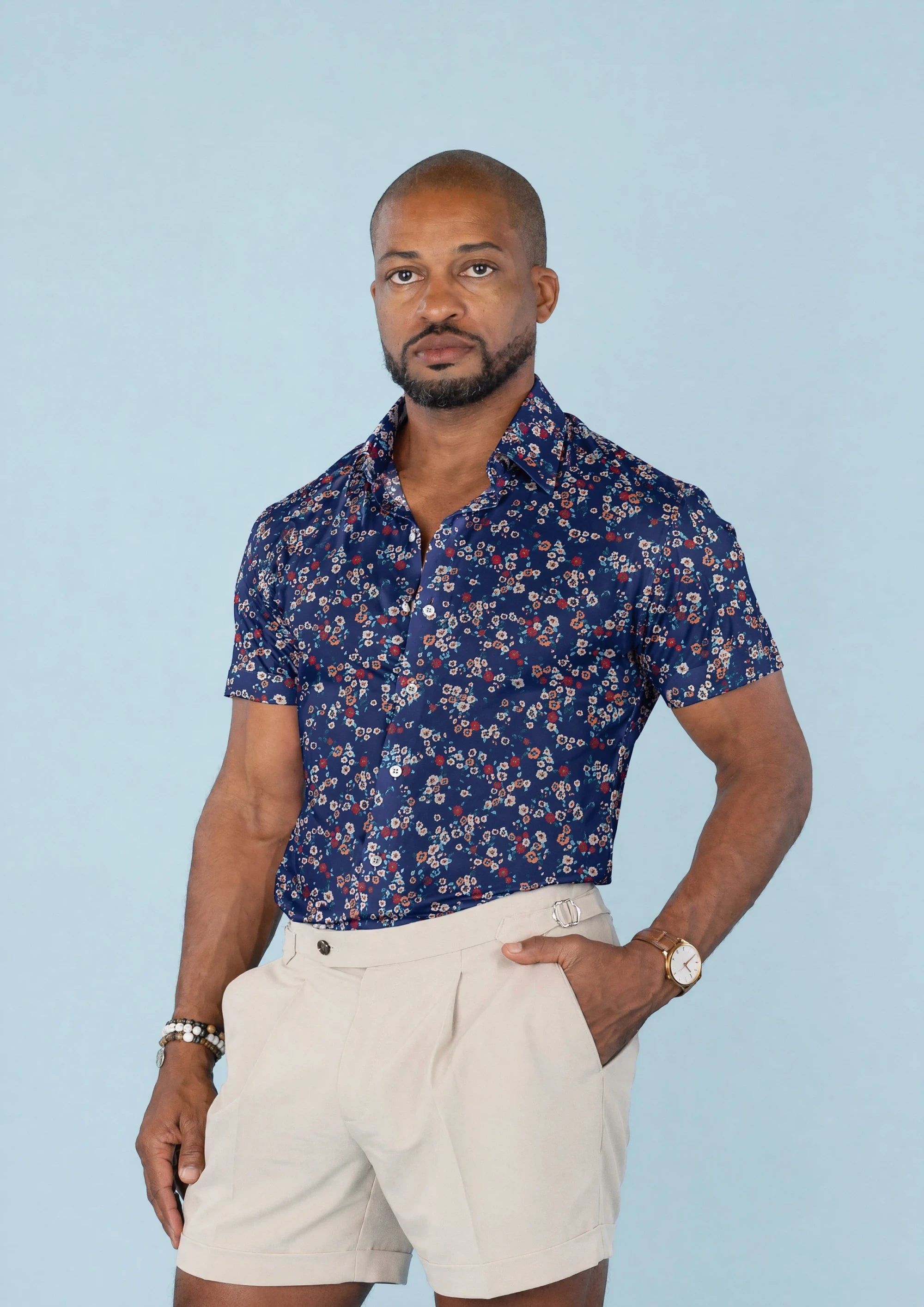 Cobalt Bloom Silk Shirt - front view, alternate angle802