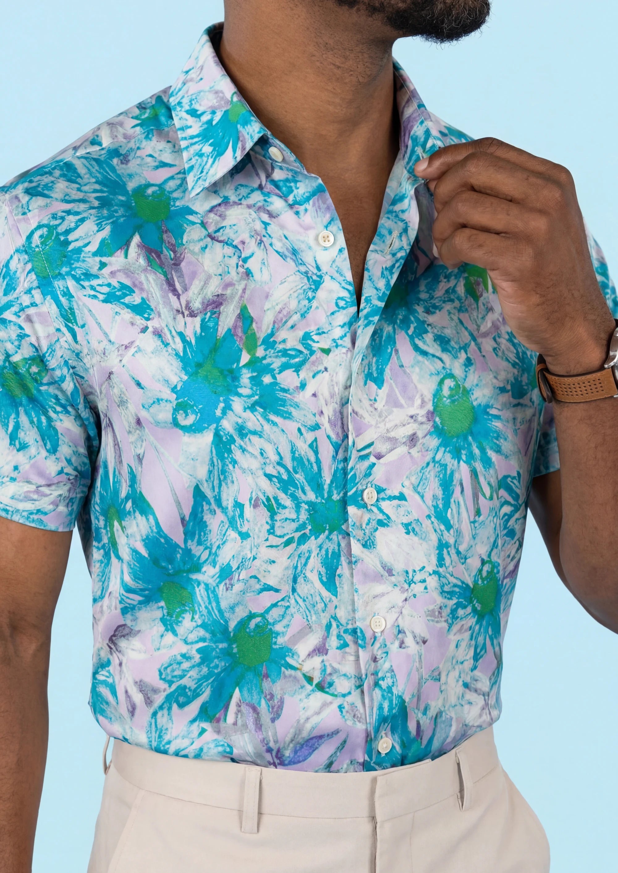 Aqua Daisy Silk Shirt - collar and fabric detail377