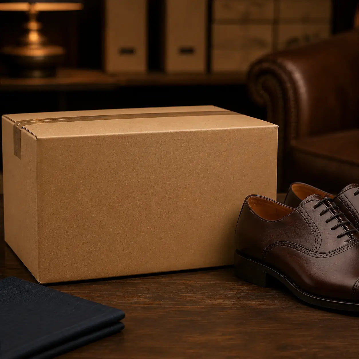 plain shipping box in living room next to brown pair of dress shoes99