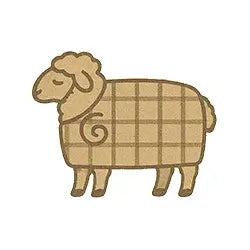 Sheep-shaped wooden block with plaid pattern on a white background