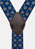 Blue Medallion Suspenders - brown faux leather back patch close-up587