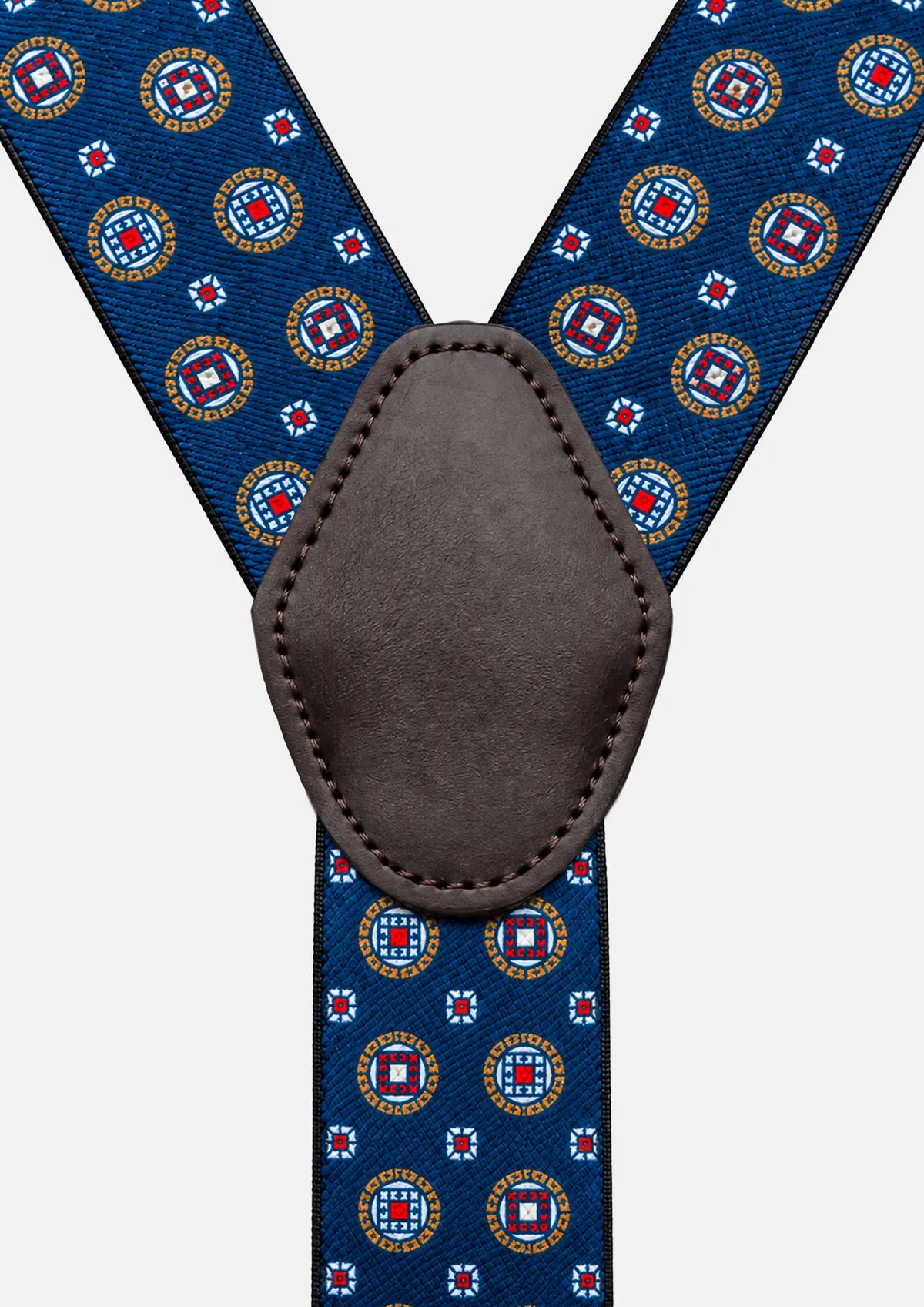 Blue Medallion Suspenders - brown faux leather back patch close-up187