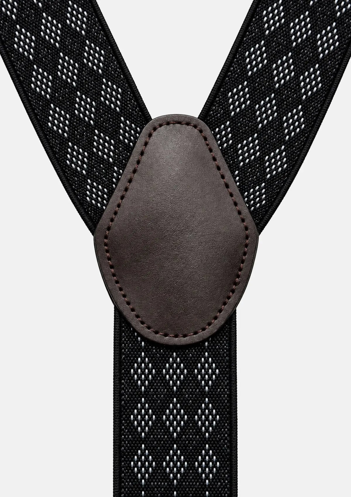Black Mosaic Suspenders - brown faux leather back patch close-up557