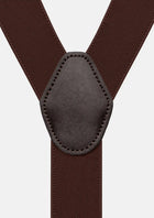 Chocolate Brown Suspenders - brown faux leather back patch close-up679