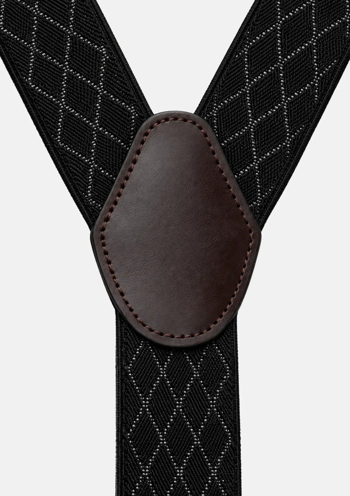 Black Lattice Suspenders - brown faux leather back patch close-up303