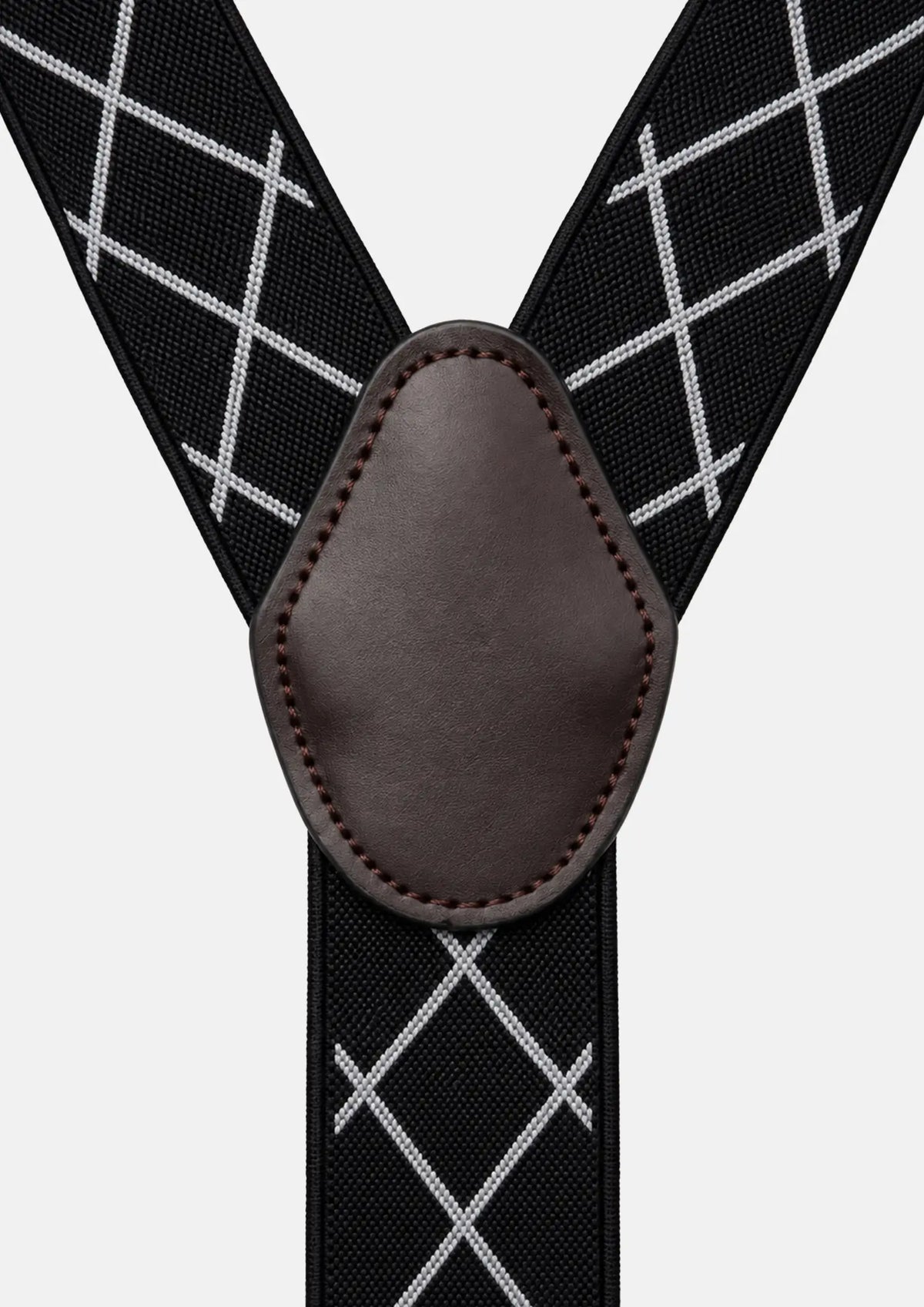 Black Diamond Grid Suspenders - brown faux leather back patch close-up378