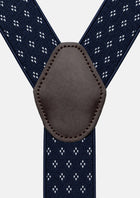 Navy Diamond Suspenders - brown faux leather back patch close-up108