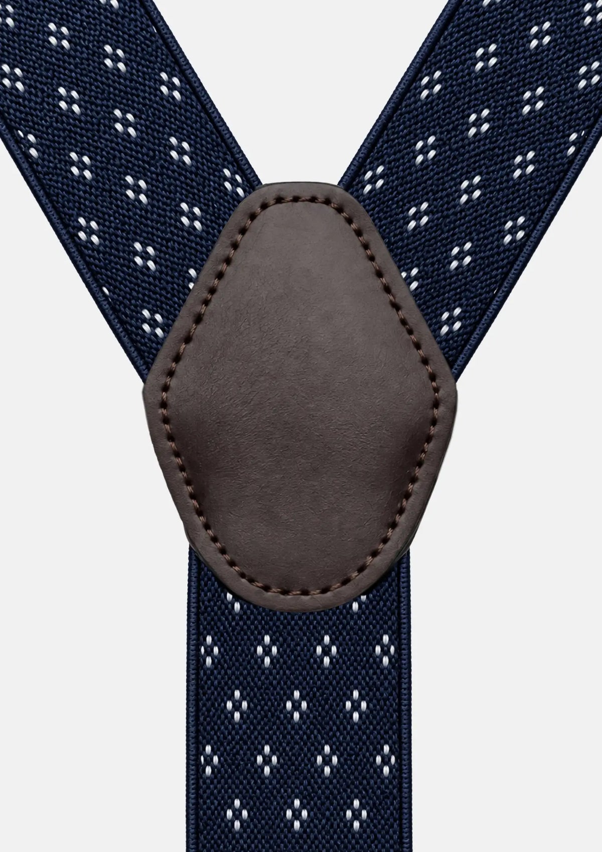 Navy Diamond Suspenders - brown faux leather back patch close-up325