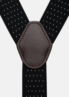Black Pin Dot Suspenders - brown faux leather back patch close-up639