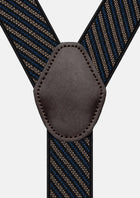 Blue & Tan Striped Suspenders - brown faux leather back patch close-up328