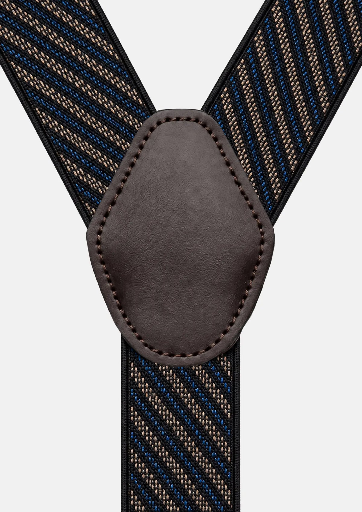 Blue &amp; Tan Striped Suspenders - brown faux leather back patch close-up591