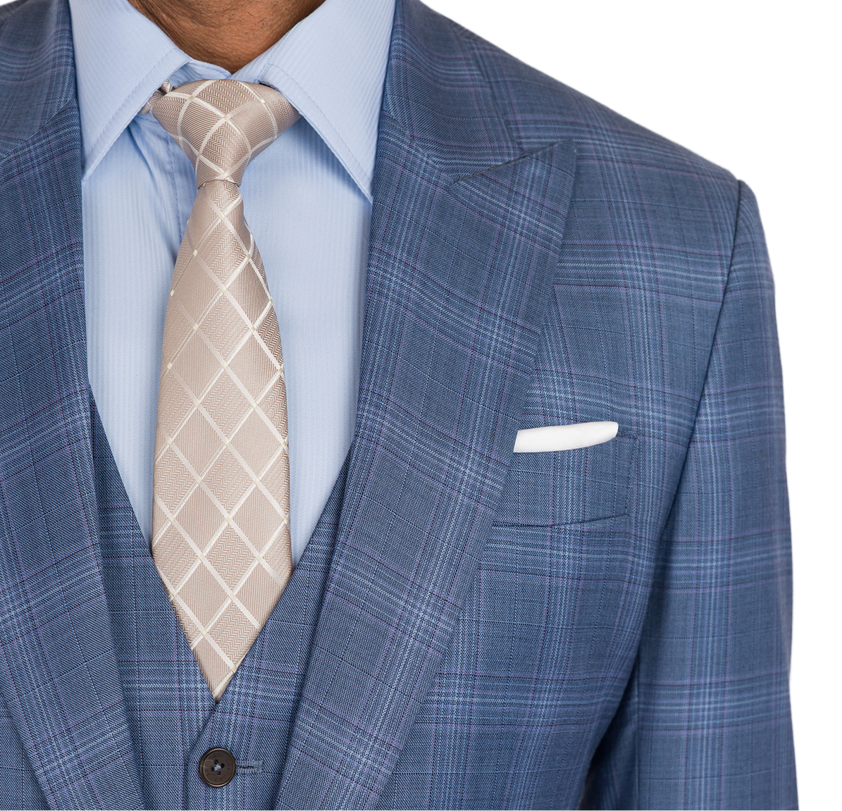 Blue checkered suit with a light blue shirt, beige tie, and white pocket square on a white background