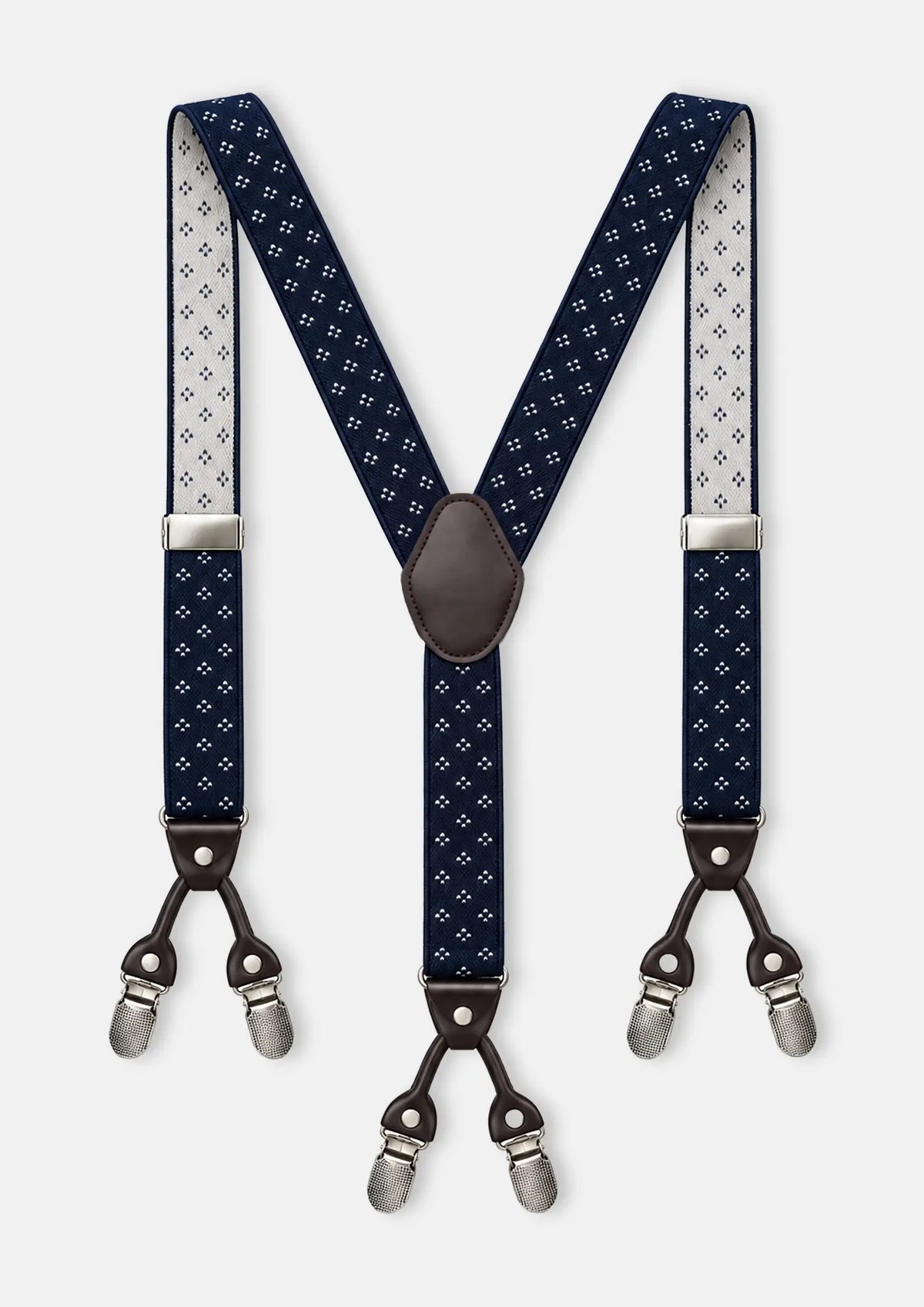 Navy Diamond Suspenders - full Y-back view with six clips967