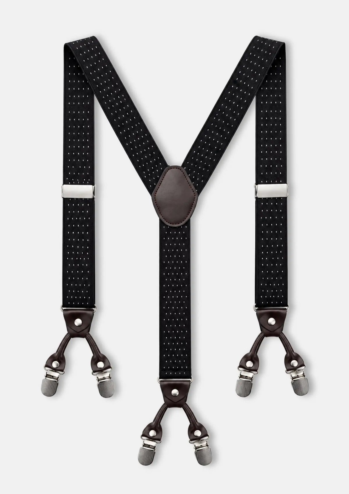 Black Pin Dot Suspenders - full Y-back view with six clips504