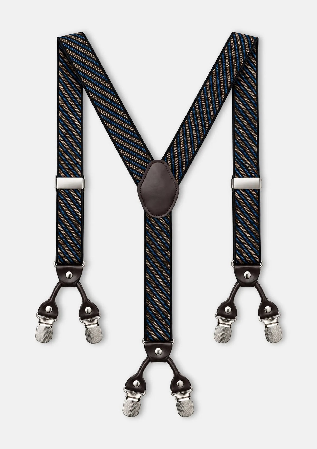 Blue &amp; Tan Striped Suspenders - full Y-back view with six clips975