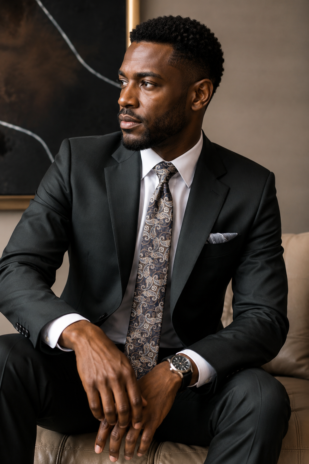 A man wearing a black suit, white dress shirt, and a patterned brown paisley tie, sitting on a beige leather couch in a modern room.