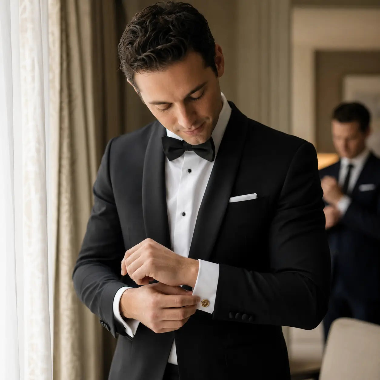 A man in a black tuxedo with a white shirt, black bow tie, and white pocket square adjusts his cufflinks in a softly lit indoor setting330