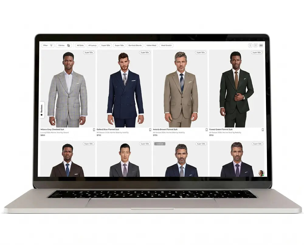 A silver laptop on a white background displaying a website grid of men's suits worn by different models.