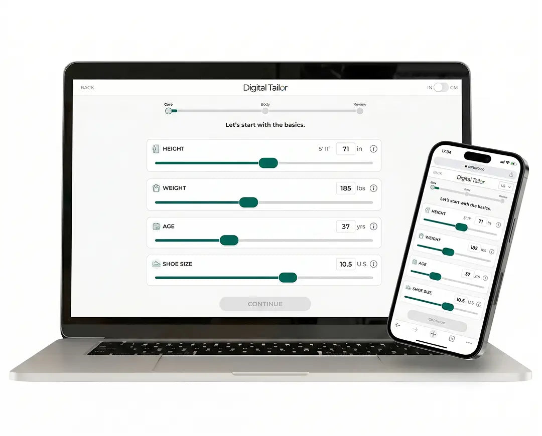 A laptop and smartphone displaying the Digital Tailor app interface, showing adjustable sliders for height, weight, age, and shoe size on a clean white background.