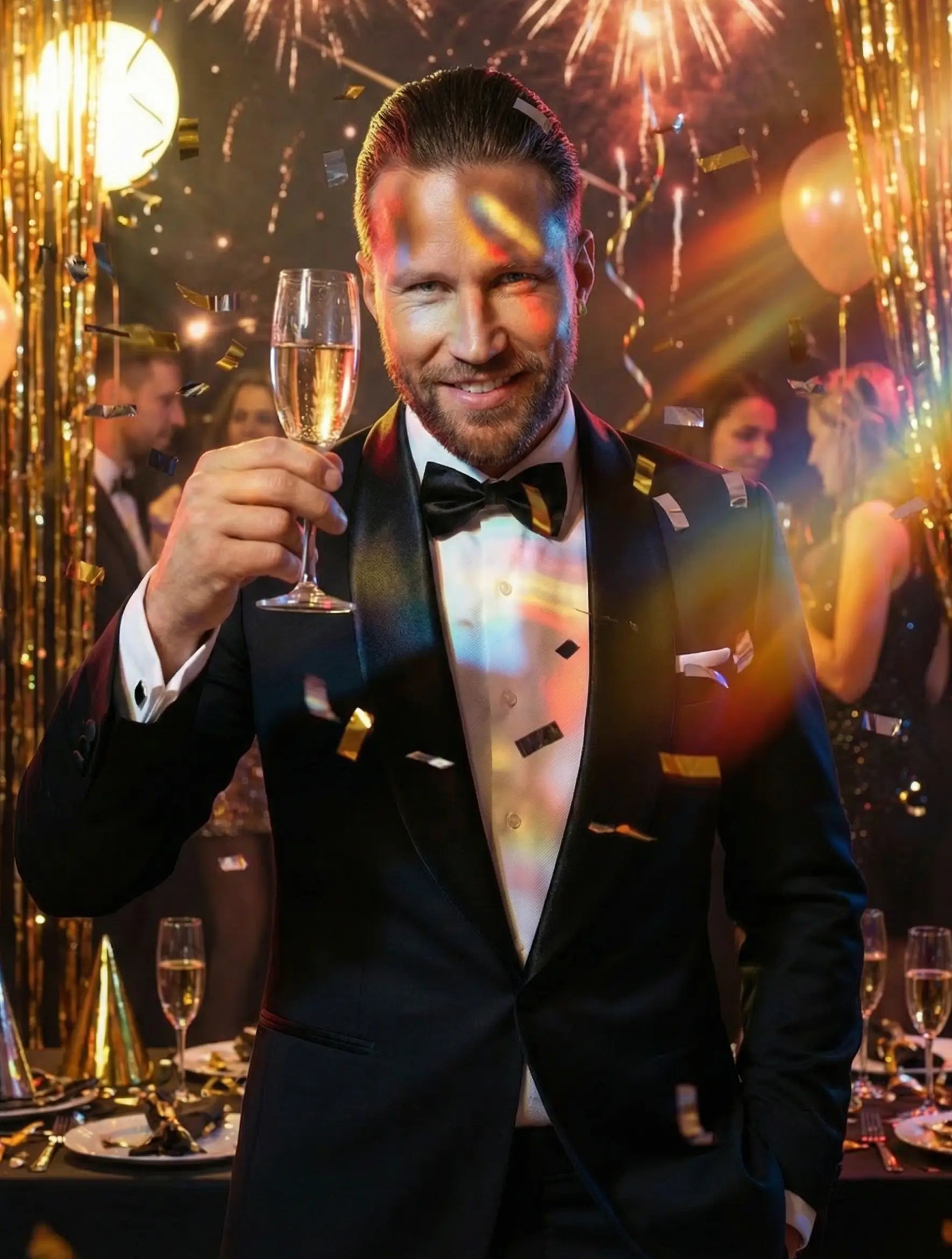 Man in a tuxedo holding a glass of champagne with New Year&#39;s decorations and fireworks in the background