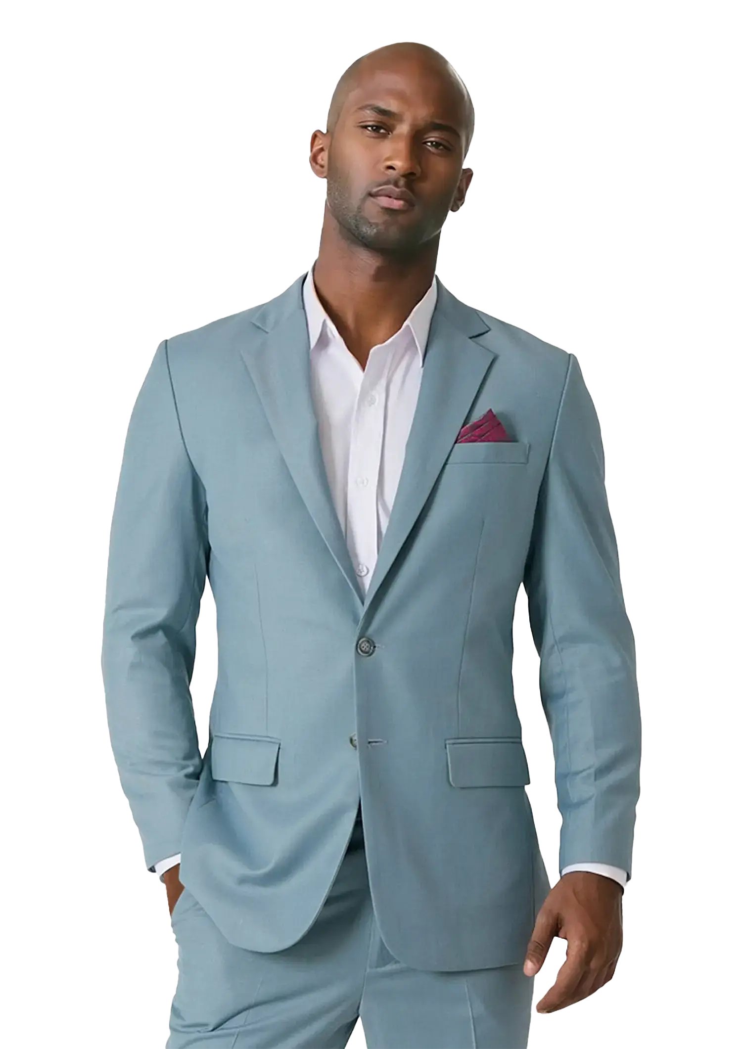man in ice blue twill custom suit
