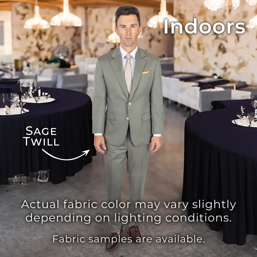 Sage suit on model indoors