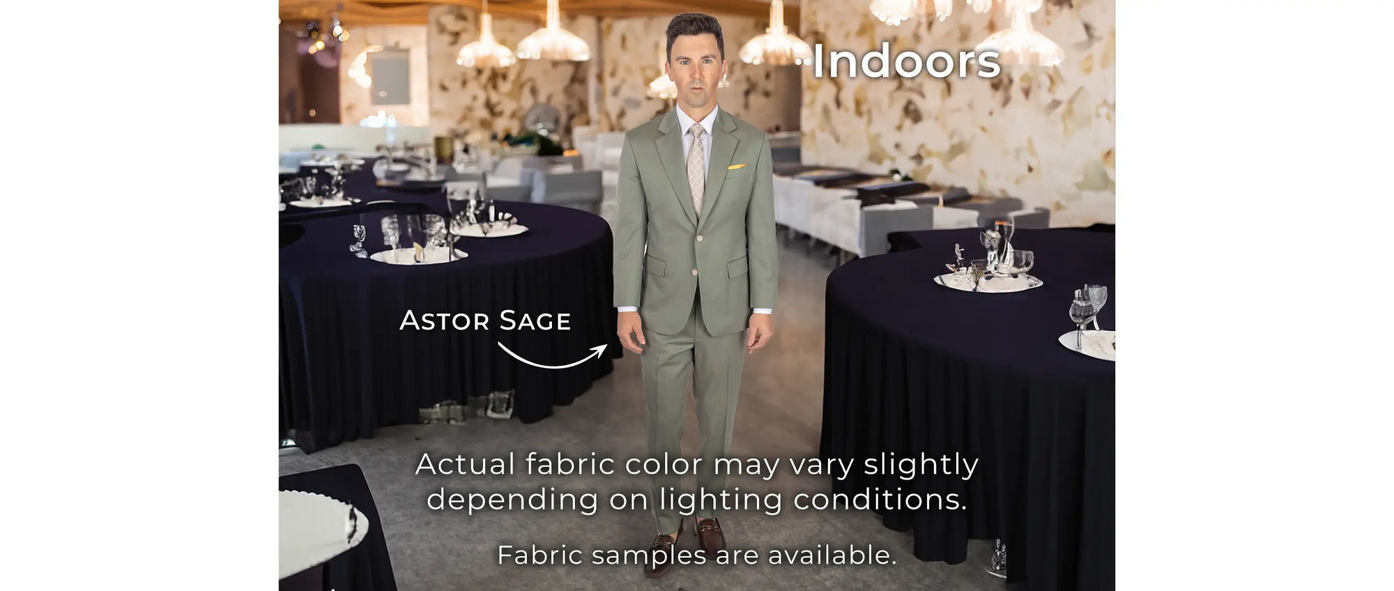 Sage suit indoors showing the color difference from outdoors.