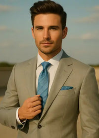 Man in a light gray suit with a blue tie and pocket square against a blurred natural background