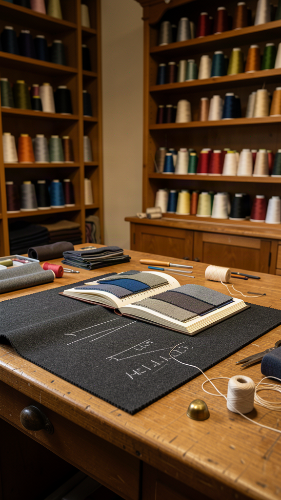Savile Row tailor workroom with an open bunch book of grey and blue suiting swatches, chalk, shears and thread