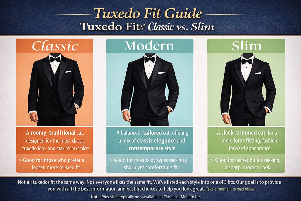 Infographic about three main tuxedo fit styles, Classic, Modern, and Slim. each offering a distinct silhouette and level of tailoring to suit different body types and style preferences.