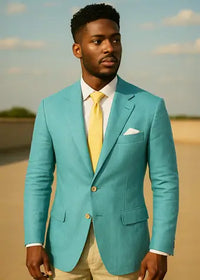 man in bright blue linen jacket outside