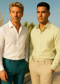 Two men standing side by side outdoors with a clear sky.