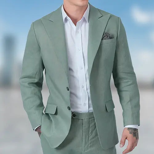 green linen suit