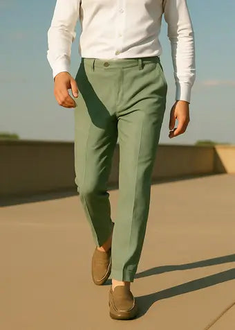 a man walking in jade green linen pants