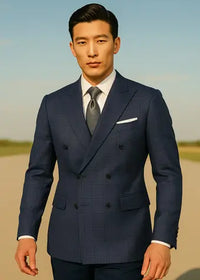 asian man in double breasted navy blazer