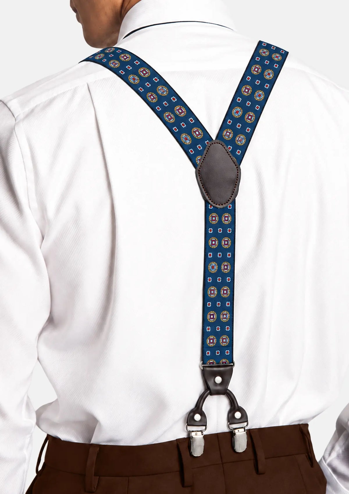Blue Medallion Suspenders - Y-back view on a model610
