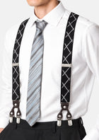 Black Diamond Grid Suspenders - worn with a white shirt and gray striped tie744