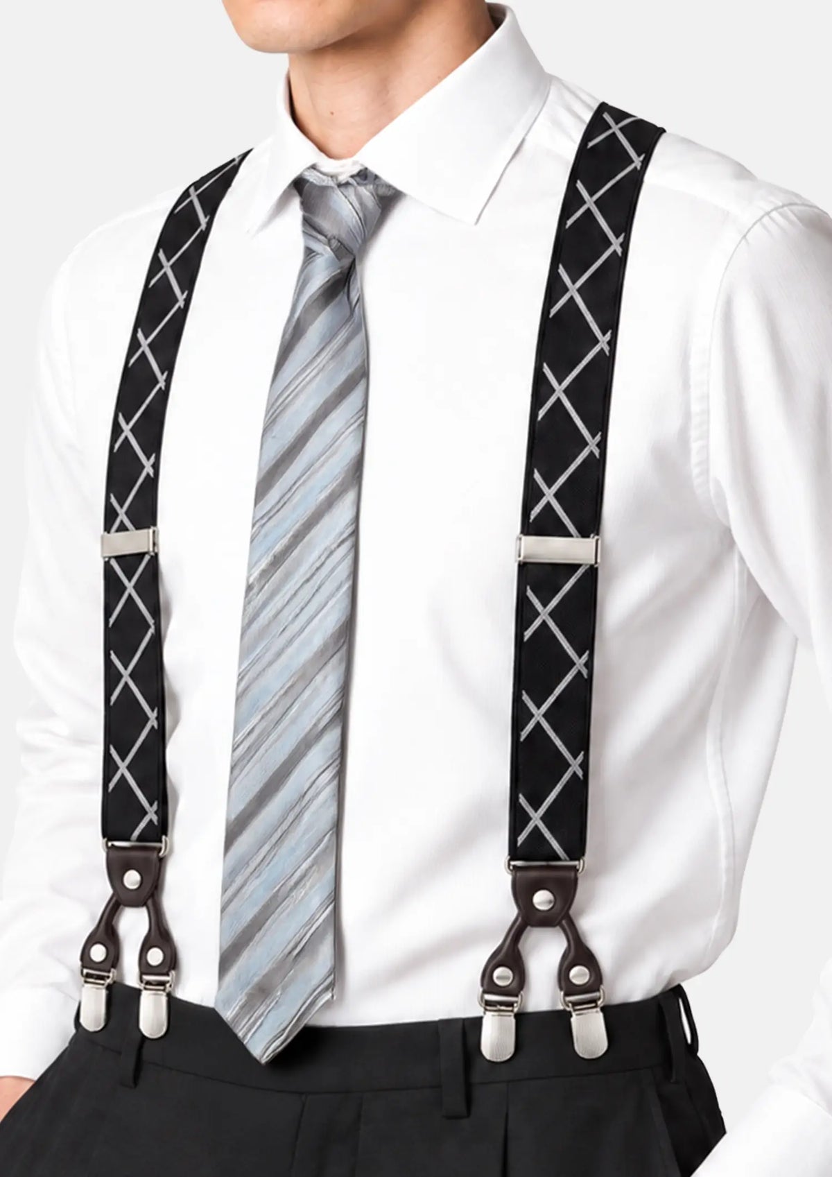 Black Diamond Grid Suspenders - worn with a white shirt and gray striped tie998