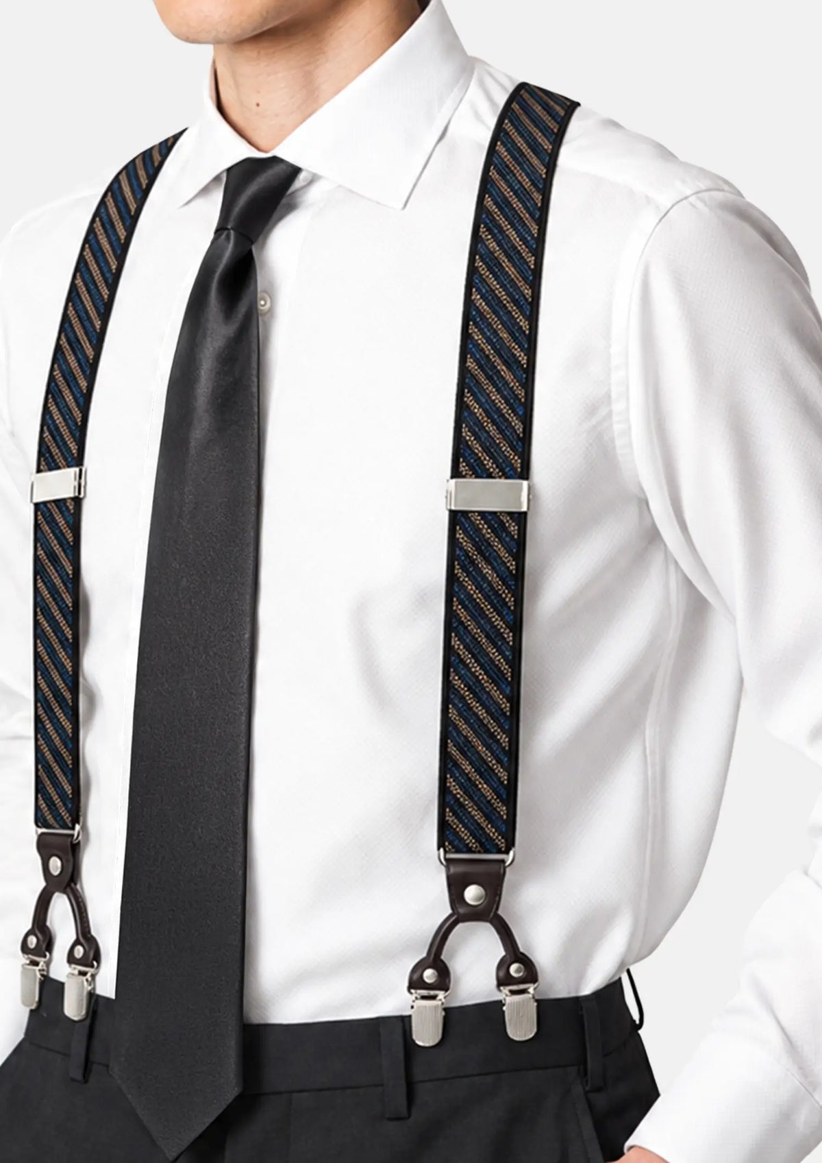 Blue & Tan Striped Suspenders - worn with a white shirt and black tie704